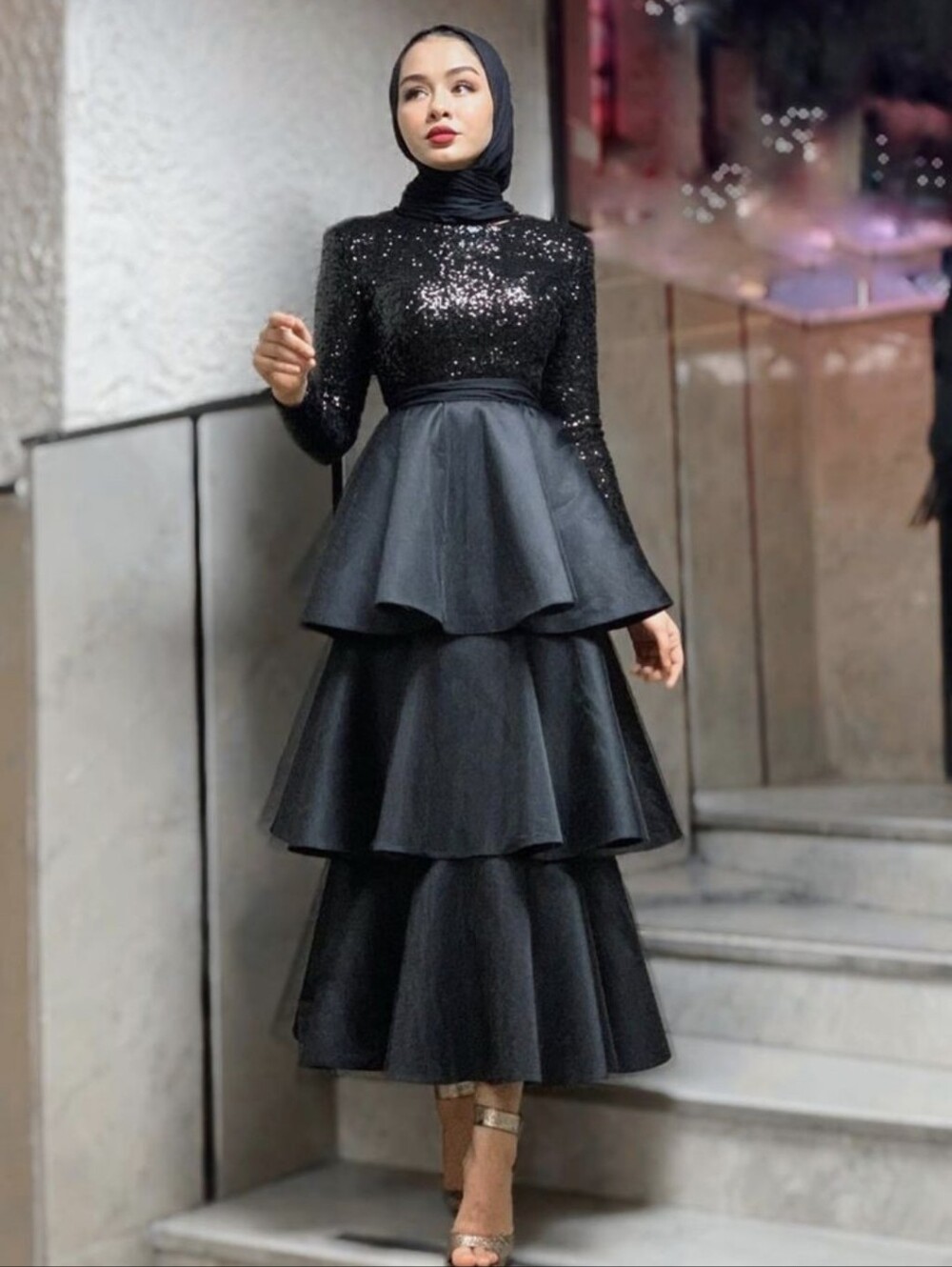 Romantic Black Satin Dress with Tiered Design